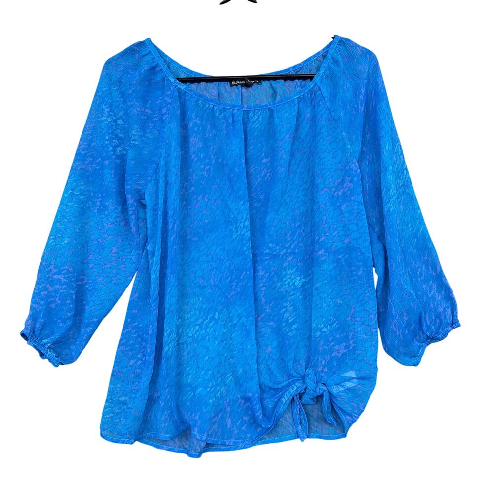 Express Womens Blouse Blue Lightweight Sheer Peasant 3/4 Sleeve Polyester Small